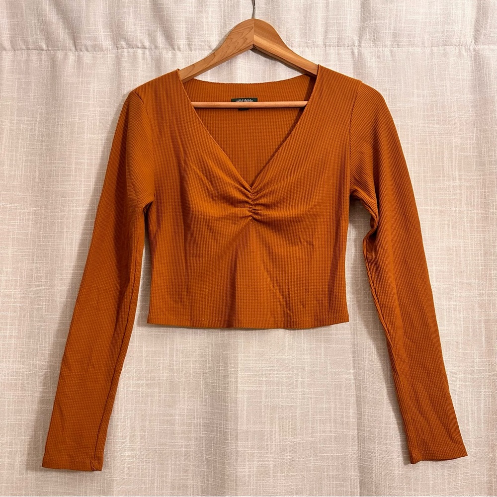 Y2K Fall Waffle Knit Cropped Long Sleeve Shirt Rust Orange Ruched 2000s Womens S